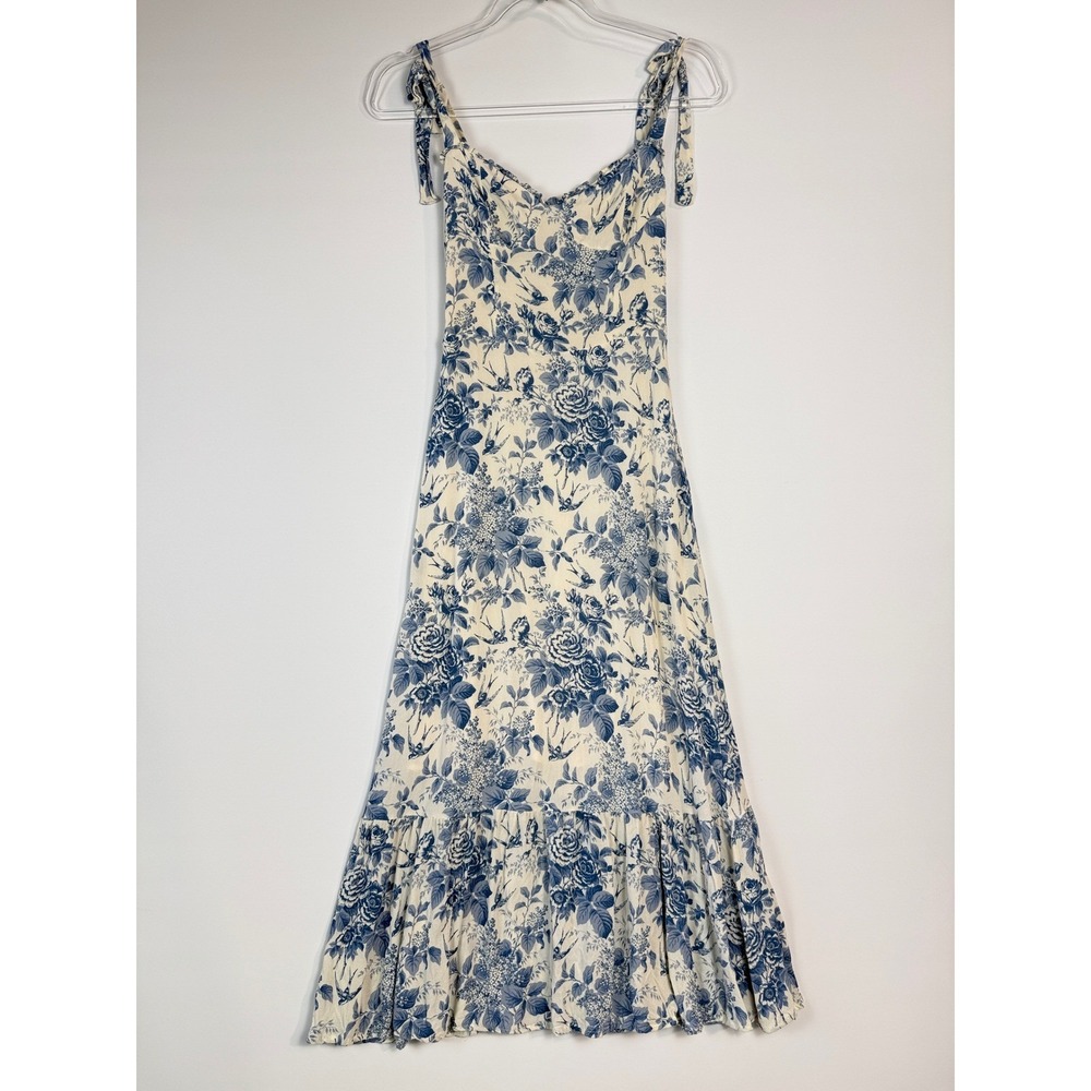 Reformation Juliette Dress Womens 6 Blue Wite Floral Bird Midi Tie Strap Smocked - Picture 2 of 14